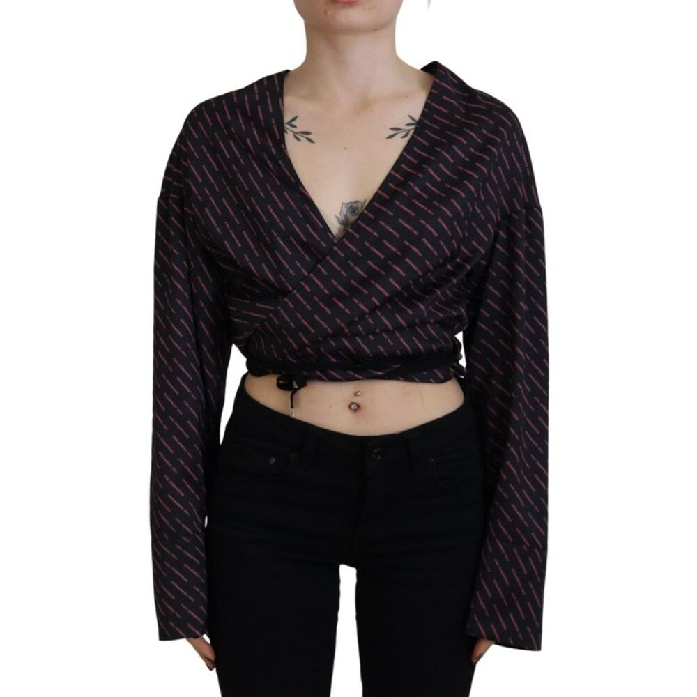 Dsquared² Black Polyester Cropped Logo Printed Blouse Women's Top
